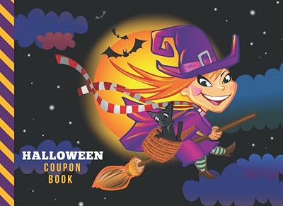 Halloween Coupon Book: 50 Empty Voucher in Booklet / Fill In Cute Blank Template Designs With Fun Rewards / Funny Cartoon Teenage Witch on Broom Art Decor / Creative Gift Idea for Kids Tweens Teens