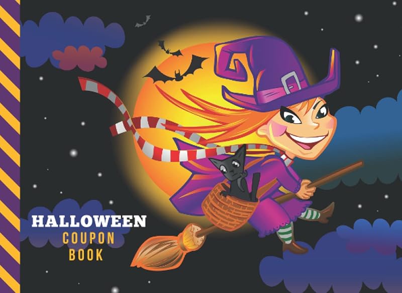 Halloween Coupon Book: 50 Empty Voucher in Booklet / Fill In Cute Blank Template Designs With Fun Rewards / Funny Cartoon Teenage Witch on Broom Art Decor / Creative Gift Idea for Kids Tweens Teens by Flying Brooms Press