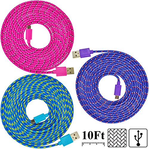 UNISAME [Pack of 3Pcs] 10Ft 3Meter Rugged Nylon Braided Micro USB Cable Charging & Sync Data Cable Charger Cord for Samsung Galaxy S6 S6 Edge S4 S3 S2 Note 2/3/4 Mega, Galaxy Tab, Galaxy A3 A5 A7 E7, HTC One, Nexus 3/4/5/6/7/9/10, LG G3 G4, Moto G X, Nokia Lumia and Many More Android Devices (Blue/ Purple/ Hot Pink)