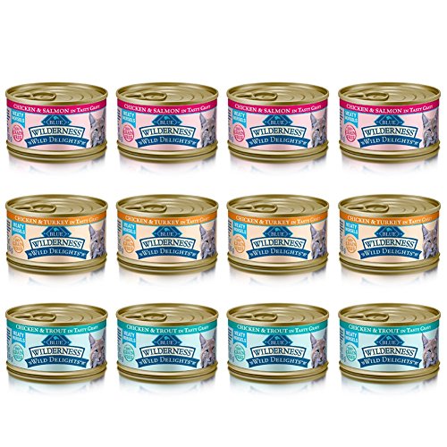 Blue Wilderness Wild Delights Grain Free Meaty Morsels Cat Food - 3 Flavors - Chicken & Trout, Chicken & Salmon, and Chicken & Turkey (12 Pack)