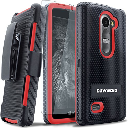 COVRWARE® LG Leon LTE C40 / LG Tribute 2 [Viper Series] Heavy Duty Dual Layer Holster Case Kickstand and Locking Belt Swivel Clip [Screen Protector] For LG Leon, Power, Destiny, Sunset, Risio - Red