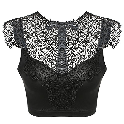 Finejo Women Sexy Lace Patchwork Hollow Out Backless Slim Crop Tops