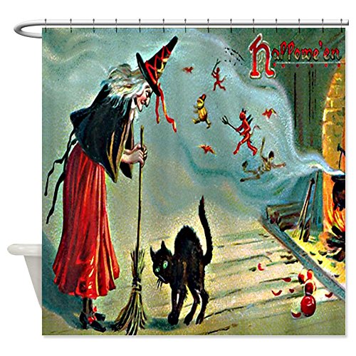 Vintage Halloween Witch Black Cat Shower Curtain - Standard White
