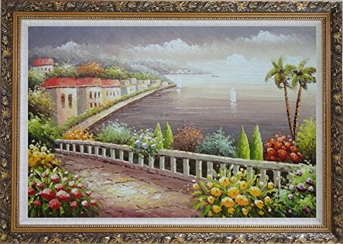 

Mediterranean Coastline with Flower Garden Large Oil Painting, with Ornate Dark Gold Wood Frame 30x42 Inch