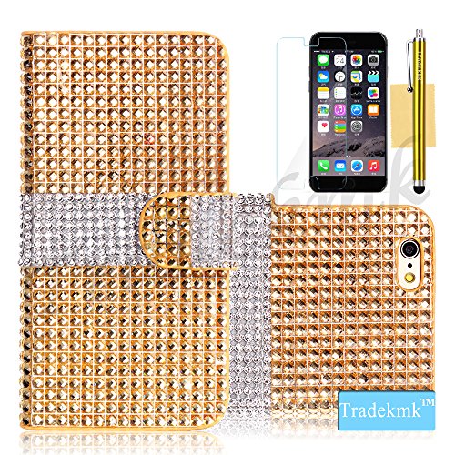 iPhone 6 Case, iPhone 6 Wallet Case, Tradekmk(TM) Brand New PU Leather Ladies' Purse Wallet Case Stand Phone Cover[Bling Rhinestone Design] Compatible with Apple iPhone 6(4.7)[+Stylus+Screen Protector+Cleaning Cloth]-(Golden)