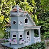 Springfield Flower Cottage Birdhouse is a Beautiful Sky Blue with White Trim, Charming Wood Birdhouse with Beautiful Flower Pots