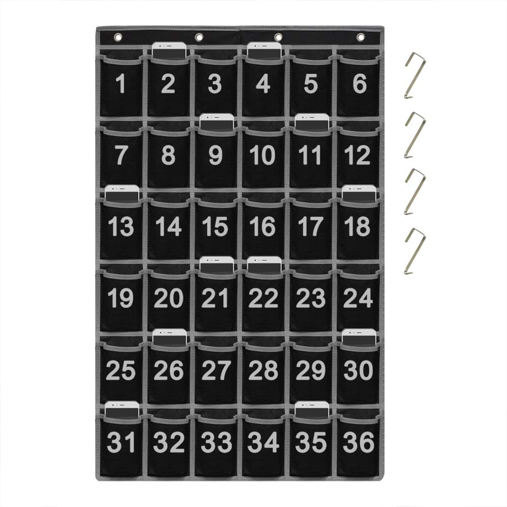 ZKOO Numbered Classroom Sundries Closet Pocket Chart, Cell Phones Calculator Holder, Wall Door Hanging Organizer With 4 Door Hooks (36 Pockets Black Grey)