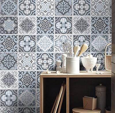 Moonwallstickers.com Autocollant Carrelage Décoratif Vintage Bleu Gris (Pack avec 48) (10 x 10 cm)