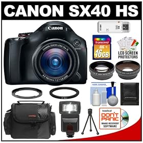 Canon PowerShot SX40 HS 35x Zoom Digital Camera (Black) with 16GB Card + 2x Telephoto, .45 Wide-Angle Lens + Flash + Case + Tripod + Accessory Kit