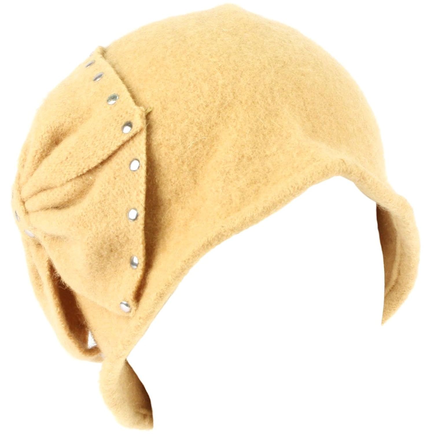 

Wool Winter Cloche Crushable Foldable Bucket Big Studded Bow Church Hat Camel