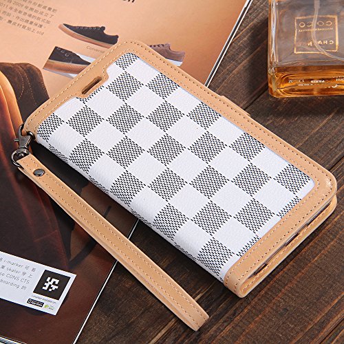 Luxury Designer Leather Wallet Case for Apple iPhone 6 Plus 6+ 6Plus White Beige Checker Plaid 3-Slots Card Pockets Built-in Kickstand Soft Silicone Skin Hand Strap Magnetic Closure Slim Fit Gift for Men Women Classic Classy Style High Grade Business Decent Design