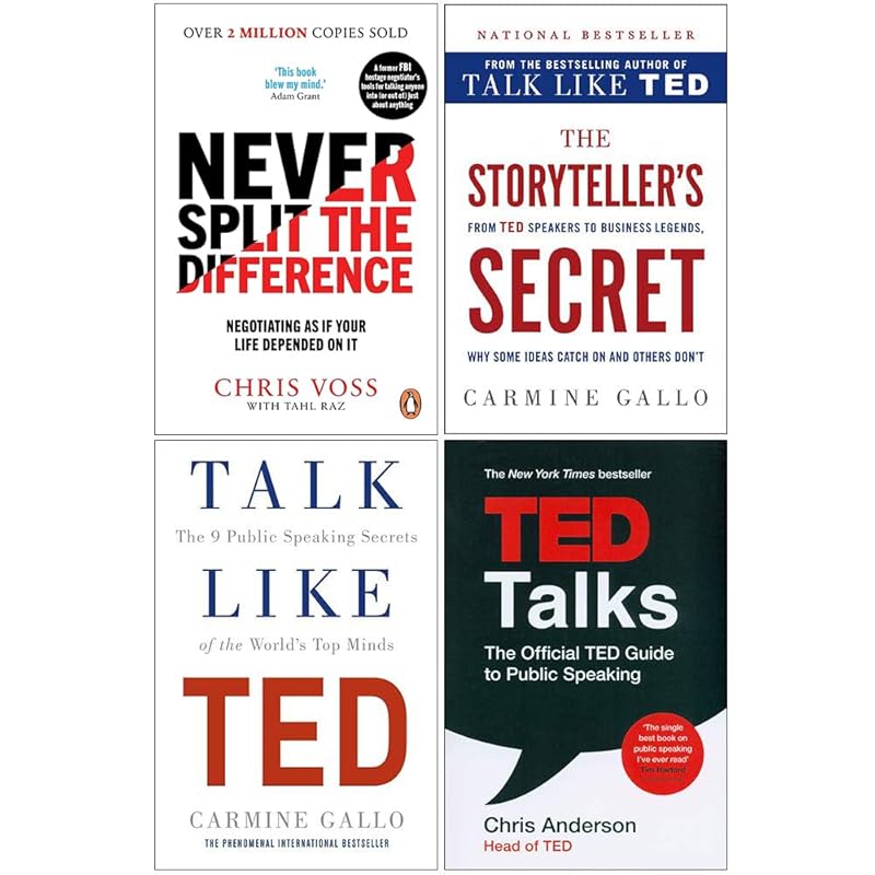 Never Split the Difference, The Storyteller's Secret, Talk Like TED, TED Talks 4 Books Collection Set by Chris Voss