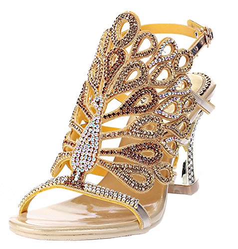 Honeystore Women's Rhinestone Peacock Patterned Handmade Sandals with Chunky Heel