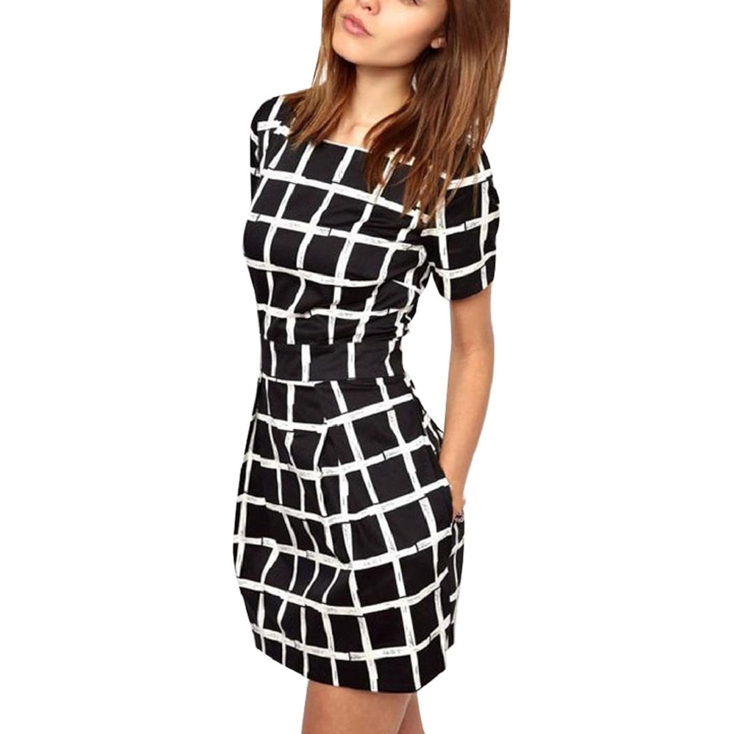 

Bessky(TM) 2015 1PC Women Casual Short Sleeves Gird Plaid Slim Bodycon Dresses