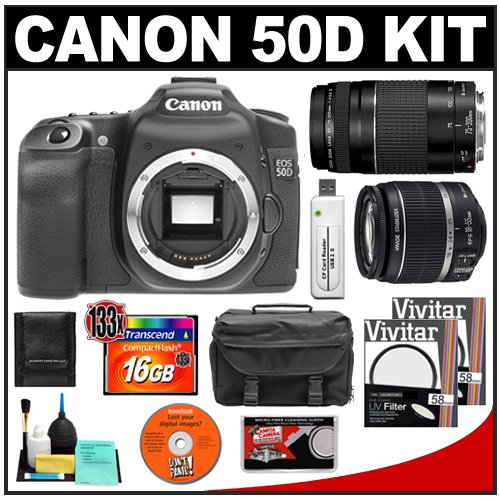 Canon EOS 50D Digital SLR Camera Body + EFS 1855mm IS + EF 75300mm III Lens + 16GB Card + (2x
