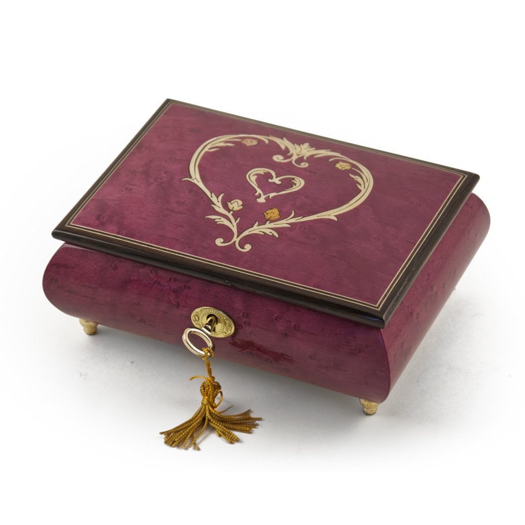 

Artistic Ornament Style Heart Outline Wood Inlay Musical Jewelry Box with 18 Note Tune-Don't Be Cruel