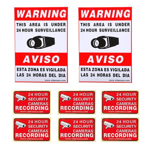 

VideoSecu 8 Pack Home CCTV Surveillance Security Camera Video Warning Stickers Signs 2 of 11.5"x8.3", 6 of 3"x2" Security Alarm Decals 1RO