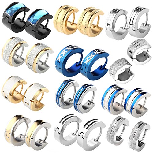 JOVIVI® 8pc Mens Stainless Steel Fashionable Multi-style Set Luxury Hinge Snap Huggie Hoop Earrings