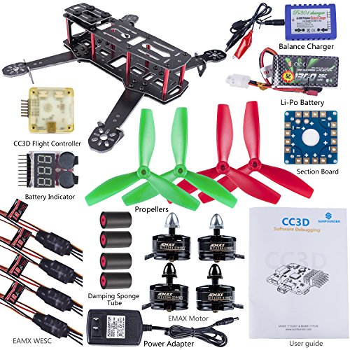 SunFounder 250mm FPV Quadcopter Drone Frame Kit CC3D Controller EMAX ESC Simon 12A Motor MT2204 2300KV 11.1V Li-po Battery Glass Fiber Racing Flying 4-Axis CW/ CCW Propellers Balance Charger for Lumenier QAV250 ZMR250