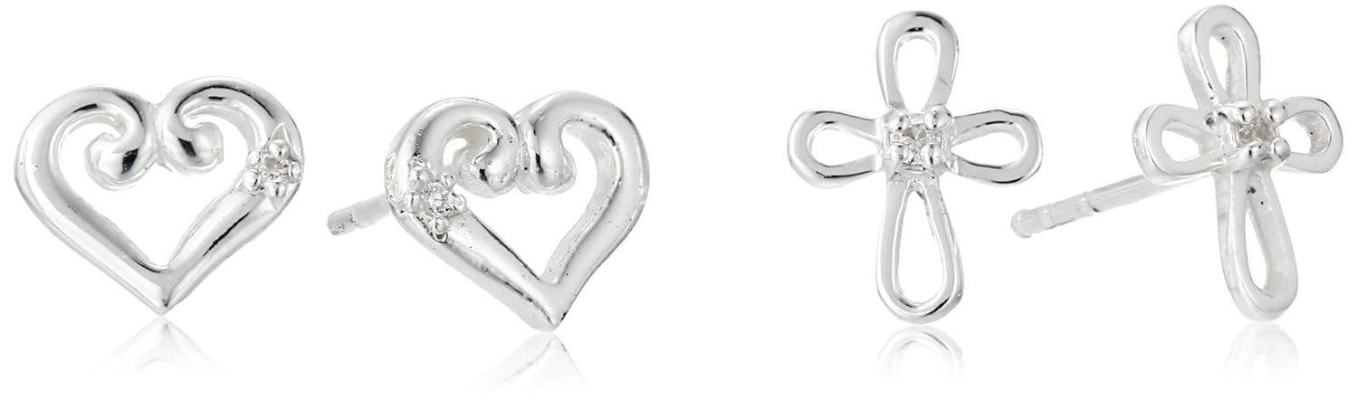 

Kate & Lucy Girls' Sterling Silver Heart and Cross Earrings Set