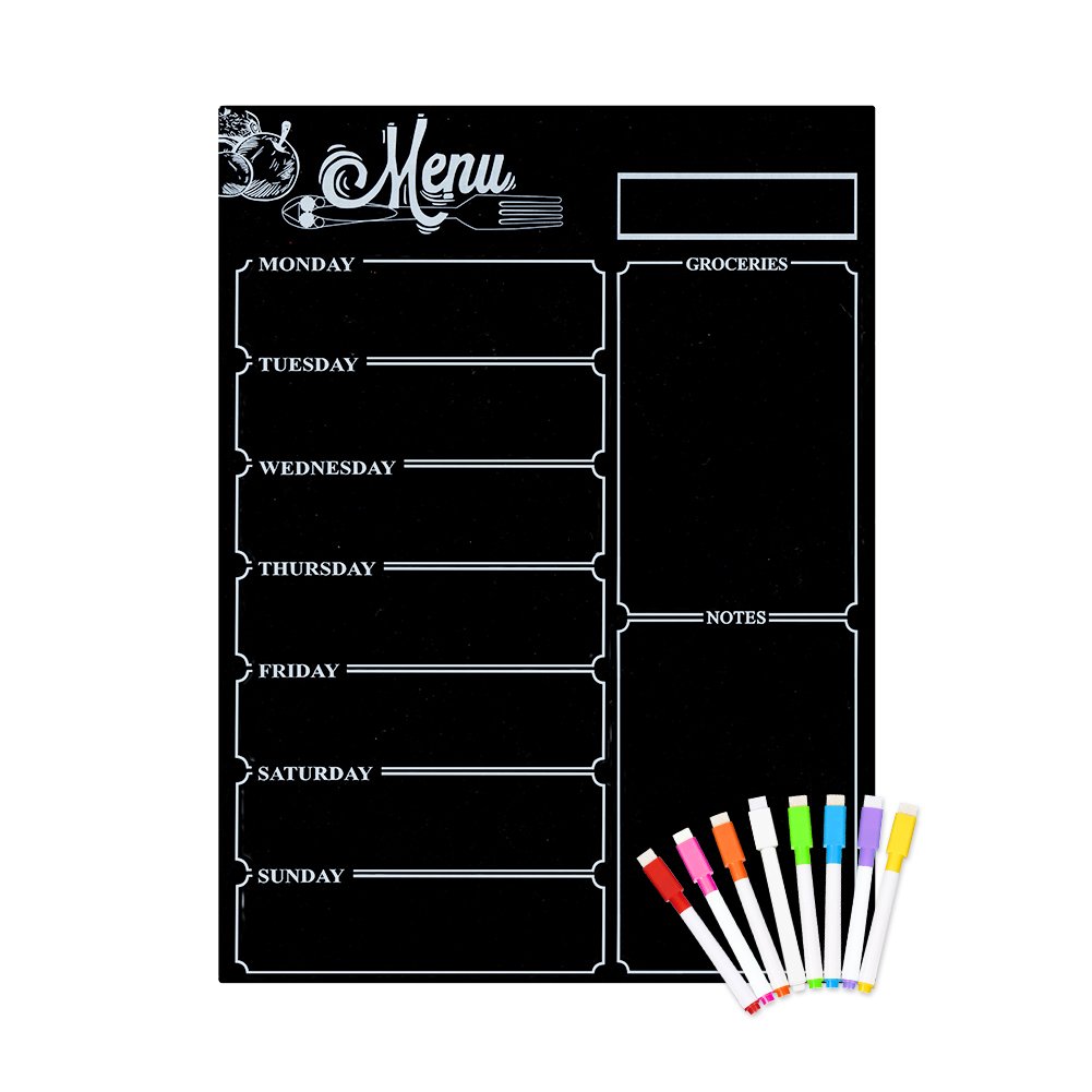 ZKOO Menu Meal Planner Dry Erase Magnetic for Refrigerator, Weekly Meal Planner Refrigerator Board for Kitchen Fridge with 8 Color Magnetic Markers (Black)