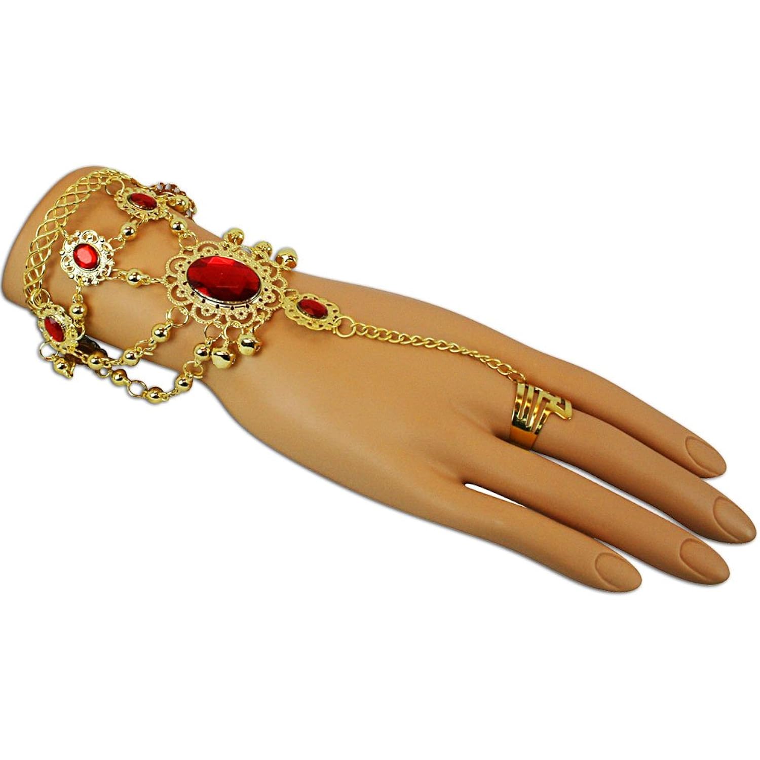 

Gold Jeweled Adjustable Finger Ring and Slave Hand Chain Bracelet One Size Fits All