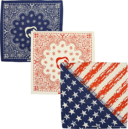 Wolverine 3 Piece Bandana Set 22 Inch Square Assortment American Flag Red White and Blue ...