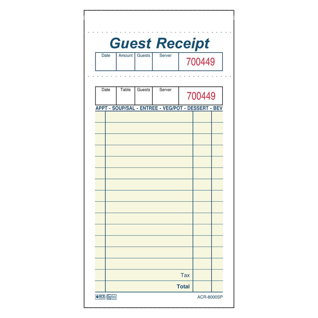 

DayMark ACR-8000SP Guest Check, 2 Part, Yellow, 6-3/4" Length x 3-1/2" Width (Case of 10 Pads, 250 per Pack)