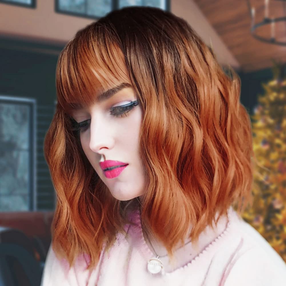 Kurze blonde Perücke für Frauen, natürliches Kunsthaar, Ombre-Bob-Perücke mit ordentlichem Pony, dunklem Ansatz für Alltag/Party/Cosplay (10 Zoll, Blond)._voghion.com