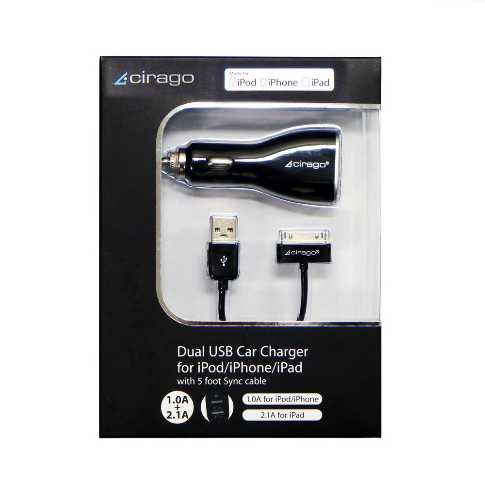 

Cirago Dual USB Car Charger with Sync Cable for iPad/iPhone/iPod