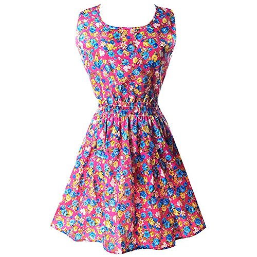 iecool Women's Summer Pleated Knee-Length Reversible Skater Sun Dress Medium Rose