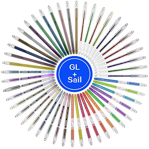 GL-Sail(TM) 48 Pack Diamante Tipped Gel Pens with Case, for Adult Coloring Books and Drawing (Glitter,Neon, Pastel,Metallic)