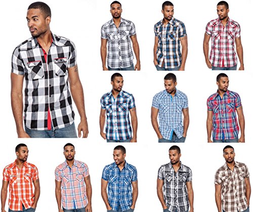 Enimay Men's Designer Short Sleeve Casual Fitted Button Down Plaid Shirts