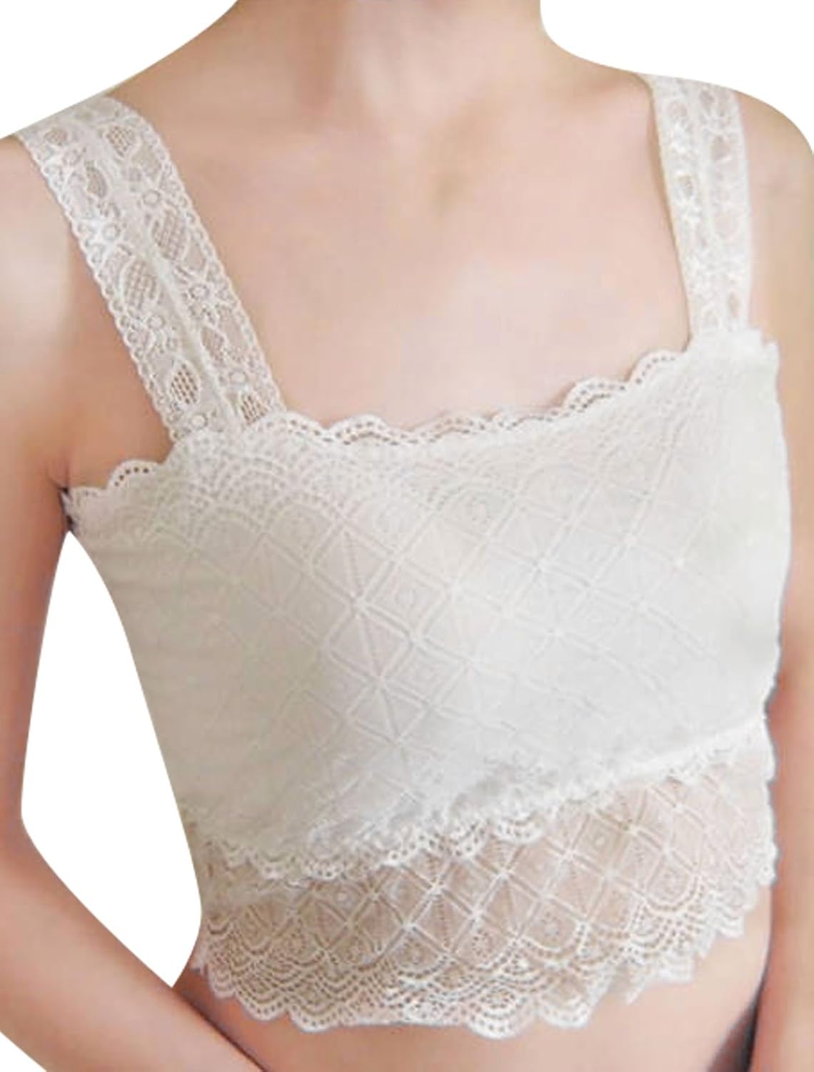 

Lady Unadjustable Strap Scalloped Trim Lace Crop Top