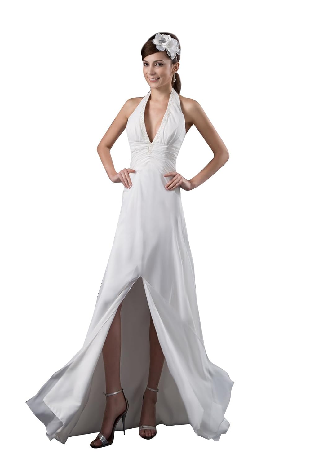 

Elegant Women' Long Chiffon Evening Dresses with Halter Slit V-neck Beaded 41077