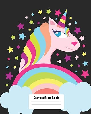 Composition Book: Cute Unicorn Design on Black Background, 8x10, 120 Pages, Wide Ruled Composition Exercise Book For School, College, Work and General Writing