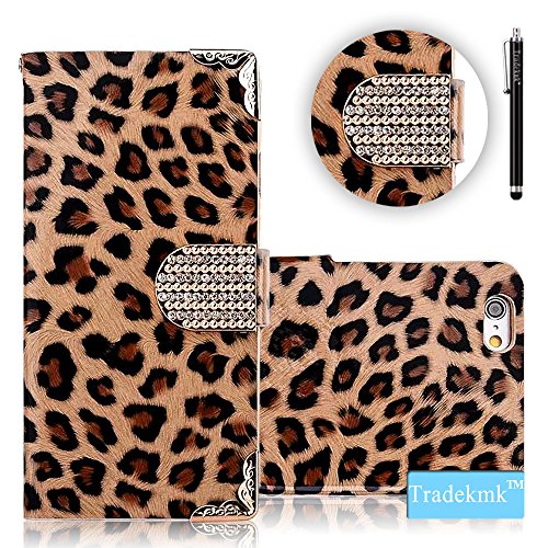 iPhone 6 Case, Tradekmk(TM) Fashion Luxury Premium PU Leather Slim Fit [Bling Crystal Leopard Print Skin] Folio Magnet Hand Strap Wallet Cover Case with Card Holders Compatible with Apple iPhone 6(4.7)-[+Stylus]-(Brown)
