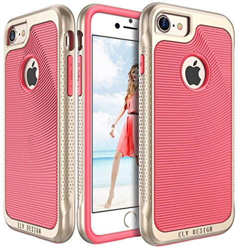 iPhone 7 Case, E LV iPhone 7 - Hybrid [Scratch/Dust Proof] Armor Defender Slim Shock-Absorption Bumper Case for Apple iPhone 7 - [RED MELON/GOLD]