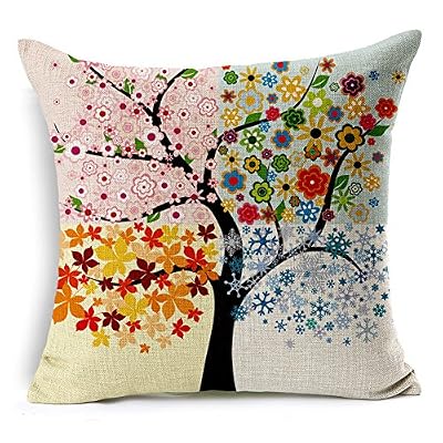 Poens Dream Housse de Coussin, Abstract Four Seasons Trees Cotton Linen Decorative Throw Pillow Case Cushion Cover, 17.7 x 17.7inches