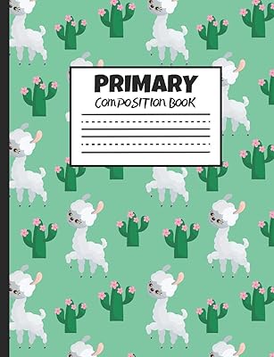 Primary Composition Book: Cute White Llamas with Flowering Cacti, 200 Pages, Handwriting Paper (7.44" x 9.69")