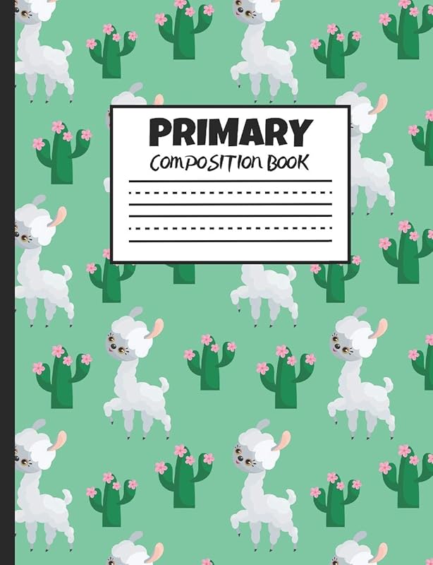 Primary Composition Book: Cute White Llamas with Flowering Cacti, 200 Pages, Handwriting Paper (7.44" x 9.69") by Larkspur & Tea Publishing