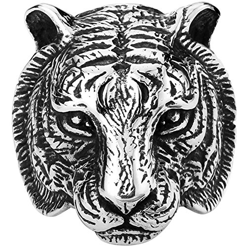 Men's Vintage Gothic Tribal Biker Tiger Head Skull Stainless Steel Ring Band Silver Black