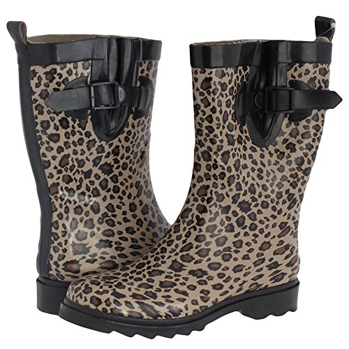 Capelli New York Shiny Baby Leopard Printed Ladies Short Sporty Body Rubber Rain Boot Grey Combo 10