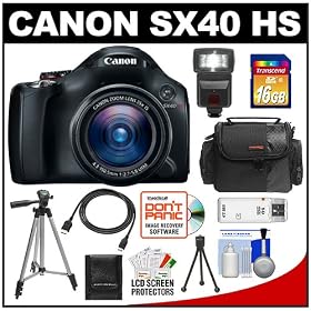 Canon PowerShot SX40 HS 35x Zoom Digital Camera (Black) with 16GB Card + Flash + HDMI Cable + Case + Tripod + Accessory Kit