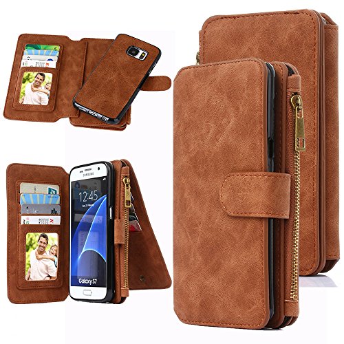 Galaxy S7 Case, S7 Case, CaseUp 12 Card Slot Series - [Zipper Cash Storage] Premium Flip PU Leather Wallet Case Cover With Detachable Magnetic Hard Case For Samsung Galaxy S7, Brown