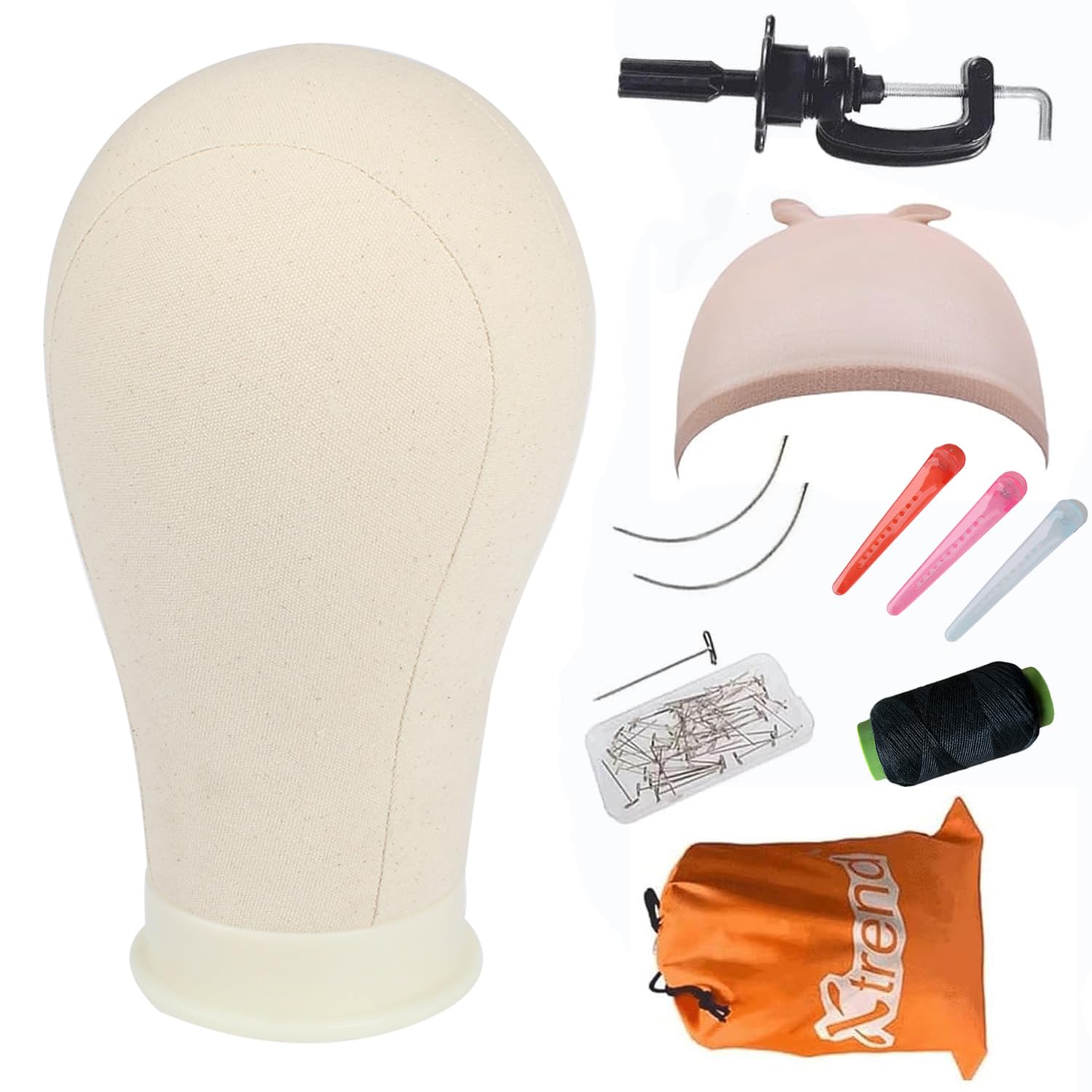 Tête de mannequin en toile XTREND 21"-24" pour la confection de tissages/perruques/extensions de cheveux, mannequin de présentation avec support pour perruque, mannequin en toile pour cheveux_voghion.com