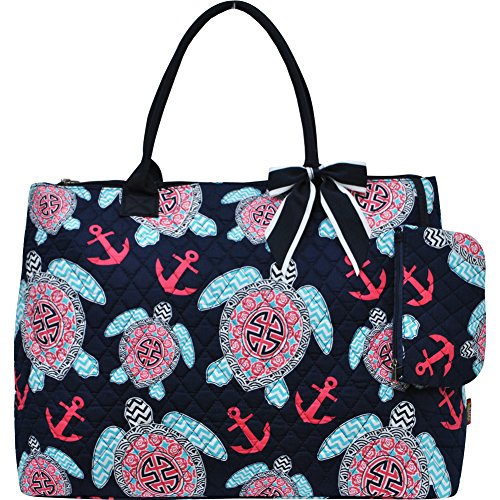 Sea Turtle Anchor Print Quilted Over Night Shopping Tote Bag