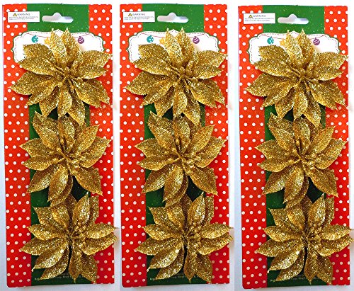 9 Glitter Poinsettia Christmas/Holiday Decorations (3 Packs, Gold)