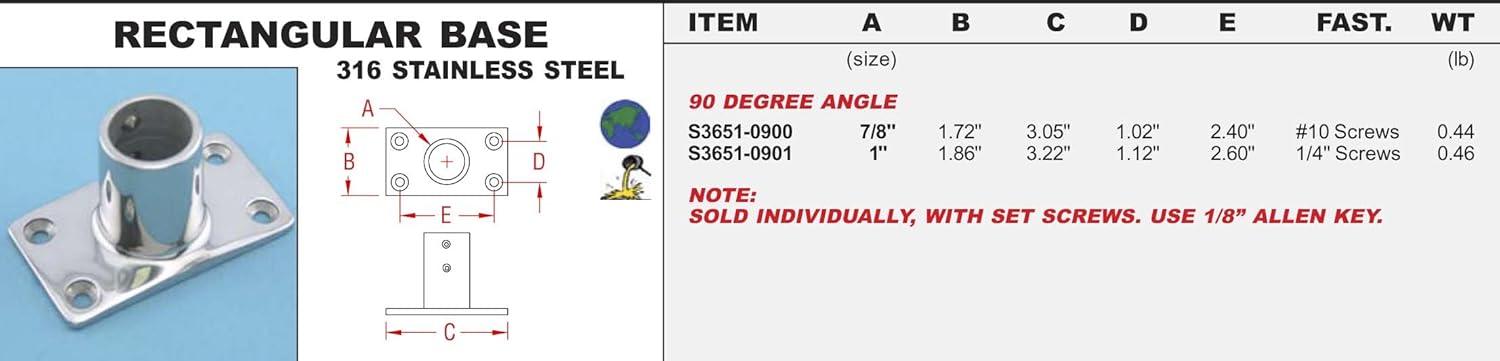 

316 Stainless Rectangular Base 1" 90 Degree Angle (S3651-0901)