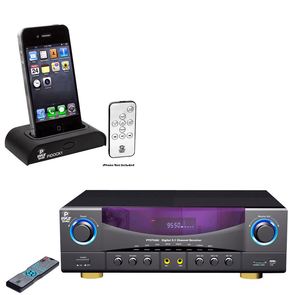 

Pyle Stereo Receiver and iPod Dock Package - PT570AU 5.1 channel 350 Watts Build-In AM/FM Radio /USB/SD card Amplifier Receiver - PIDOCK1 Universal iPod/iPhone Docking Station For Audio Output Charging - Sync W/iTunes And Remote control